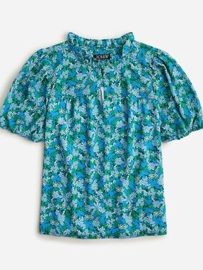 J.Crew Ruffle-Trim Short-Sleeve Top Hyacinth Fields L Blue Green Floral Blouse
